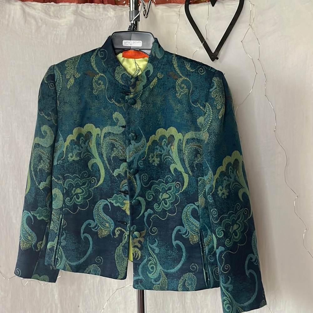 Vintage MOKSHA blazer coat jacket paisley teal navy greens anew wool lined silk